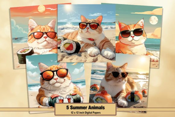Download Summer Cats Sushi Digital Papers Pack 61 - Digital papers Collection