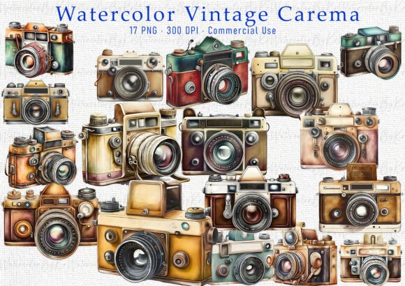 Download Watercolor Vintage Camera Clipart Bundle - Camera Collection